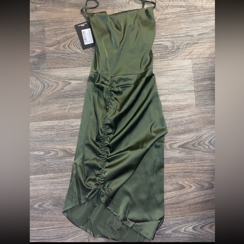 Elegant Olive Green Ruched Dress - Picture 3 of 4